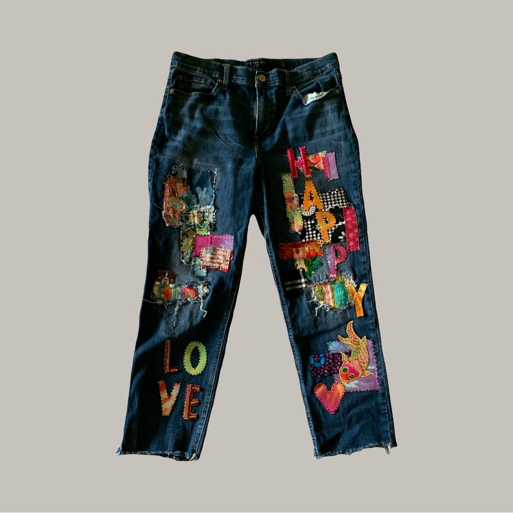 Colorful Upcycled Patchwork and Embellished Women's Denim Jean - Picture 4 of 13